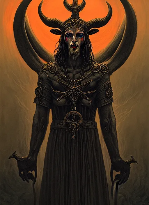 Image similar to elden ring themed orthodox baphomet goat jesus icon tarot card portrait, piercing gaze, byzantine aesthetic, doom, religious, sinister, ornate, intricate, beautifully backlit, subtle tones, digital painting, concept art, smooth, sharp focus, illustration, art by josan gonzalez, greg rutkowski, killian eng and zdizslaw beksinski