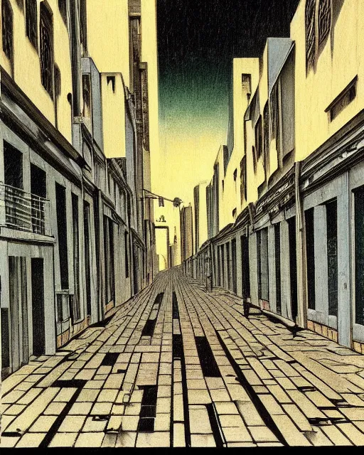 Prompt: empty street on a melancholy rainy night of cyberpunk city de chirico