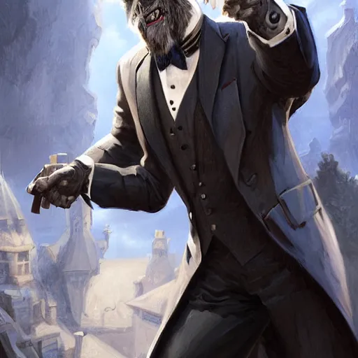 Image similar to portrait of a gentleman half - ogre wearing a tuxedo, cinematic lightning, d & d, fantasy, highly detailed, digital painting, sharp focus, illustration, art by artgerm and greg rutkowski and magali villeneuve