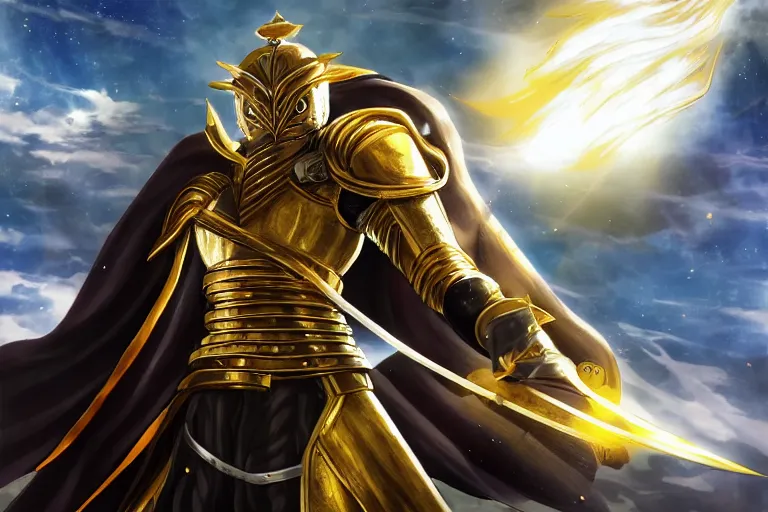 Image similar to an ultra detailed portrait of saladin as a shonen anime protagonist charging into battle wearing bright gold armor and huge flaming longsword blessed by god, epic anime fantasy, 8 k, volumetric lighting, smooth, highly detailed, digital illustration, art by kentaro miura and akira toriyama and albert bierstadt and greg rutkowsi, artstation