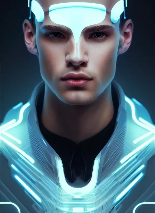 Image similar to portrait of modern male humanoid, intricate, very futuristic, elegant, cyber neon lights, highly detailed, digital photography, trending in artstation, trending in pinterest, glamor pose, concept art, smooth, sharp focus, art by artgerm and greg rutkowski