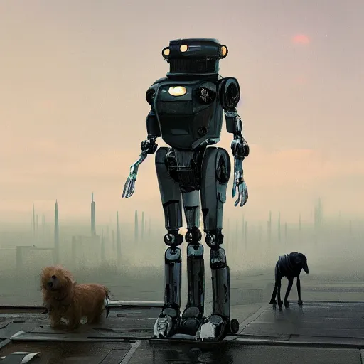 Prompt: a robot dog, metallic, cyberpunk style ， hyperrealistic, by beeple, greg rutkowski, caspar david friedrich, smooth, illustration, elegant, artstation, digital painting.