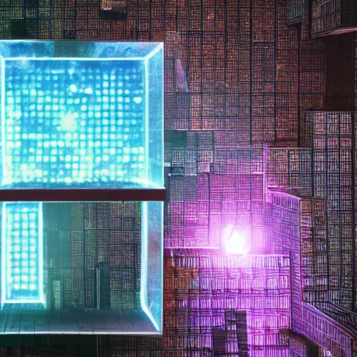 Prompt: glowing translucent cube in las pozas, cyberpunk, dark room, science fiction magazine, cut out collage, 4 k close up, wide angle