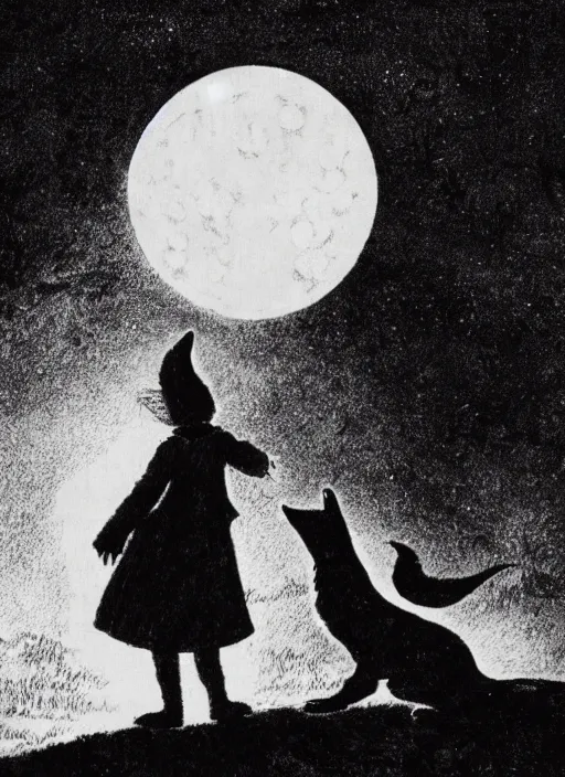 Image similar to silhouette howling at the moon, illustrated by peggy fortnum and beatrix potter and sir john tenniel