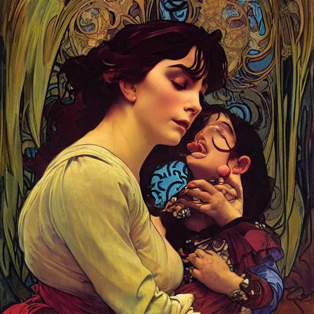 Image similar to an aesthetic! detailed portrait of an aesthetic woman crying mournfully while holding a child, by frank frazetta and alphonse mucha, oil on canvas, bright colors, art nouveau, epic composition, dungeons and dragons fantasy art, hd, god - rays, ray - tracing, crisp contour - lines, huhd - 8 k