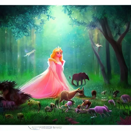 Image similar to A beautiful experimental art of Princess Aurora singing in the woods while surrounded by animals. She looks so peaceful and content in the company of the animals, and the colors are simply gorgeous. colorful lighting by Jeannette Guichard-Bunel harrowing