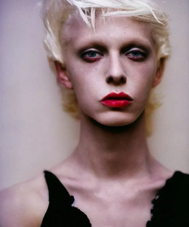 Image similar to a color photograph of a non binary model, platinum blonde, by nan goldin, intense, bold, hyperrealistic, ultra sharp, extra details, ultra high quality, trending on pinteresst