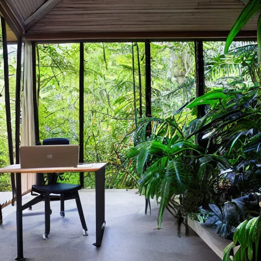 Image similar to a photograph of a jungle, with an outdoor office set up in the immediate frame, including a book shelf, point of view of a desktop camera, wide angle, morning light