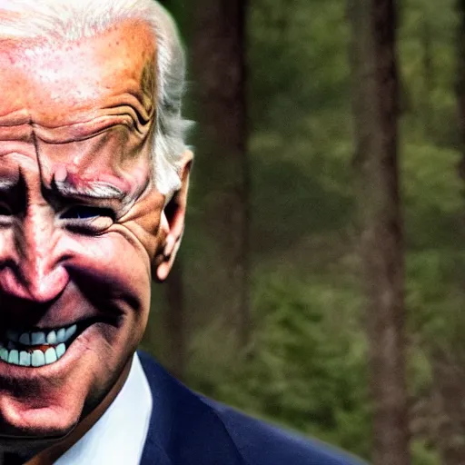 Prompt: joe biden seein in the foggy woods with a devilish grin in his face in the new horror movie, creepy