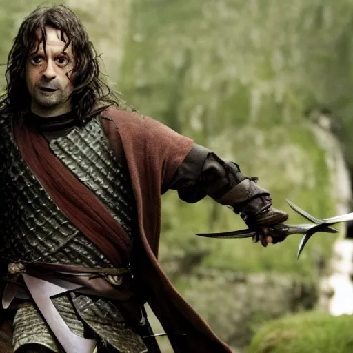 Image similar to rowan atkinson as aragorn fighting an orc, full body shot, action, high - res, 4 k