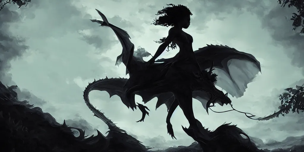 Prompt: silhouette of a black girl riding a dragon surrounded by fluttering white cloth, fantasy, epic scene, illustration, cinematic volume lighting, artstation, art by Sebastian Luca