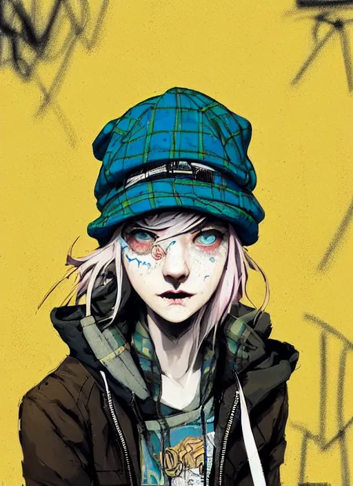 Image similar to highly detailed portrait of a sewer punk lady student, blue eyes, tartan hoody, hat, white hair by atey ghailan, by greg rutkowski, by greg tocchini, by james gilleard, by joe fenton, by kaethe butcher, gradient yellow, black, brown and cyan color scheme, grunge aesthetic!!! ( ( graffiti tag wall background ) )