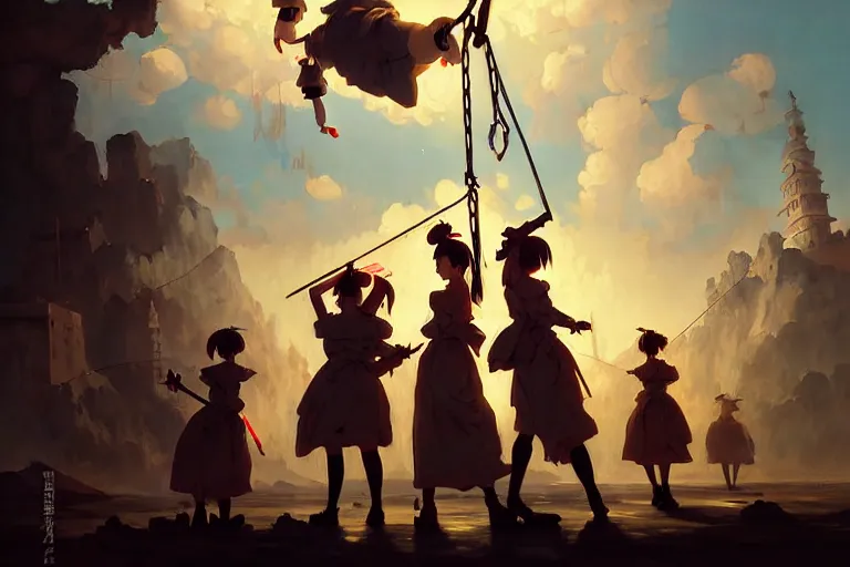 Image similar to baroque oil painting of key visual environment concept art of anime maids executing a war criminal by public hanging, brutalist, dark fantasy, rule of thirds golden ratio, fake detail, trending pixiv fanbox, acrylic palette knife, style of makoto shinkai studio ghibli genshin impact james gilleard greg rutkowski chiho aoshima