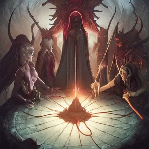 Prompt: female acolytes around demonic summoning circle summoning a demon knight. incredible detail. by tom bagshaw and by magali villeneuve and by wlop