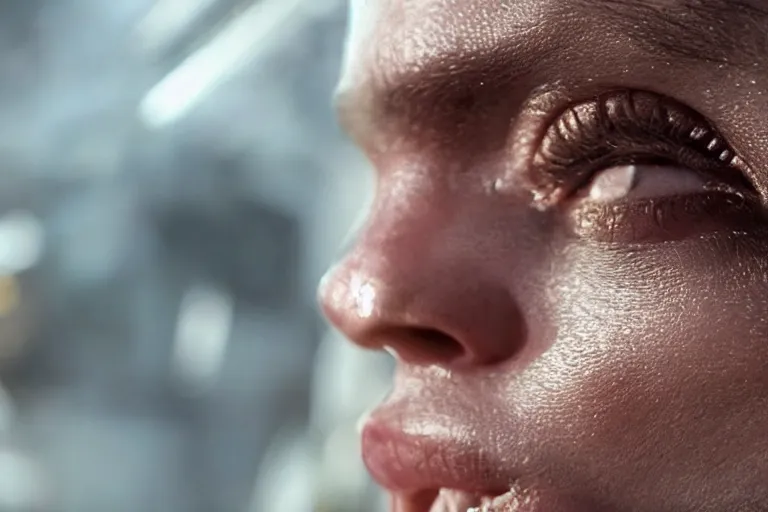 Image similar to VFX movie of a futuristic spacemarine closeup portrait in war zone, beautiful natural skin natural lighting by Emmanuel Lubezki