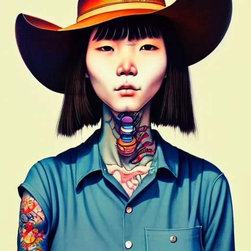 Prompt: full view of taiwanese girl with tattoos, wearing a cowboy hat, style of yoshii chie and hikari shimoda and martine johanna and edward hopper and james gilleard and zdzislaw beksisnski, highly detailed