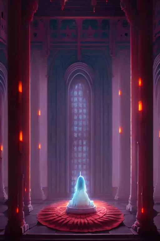 Prompt: a highly detailed matte painting of a ghostly audience in a gothi throne room by studio ghibli, makoto shinkai, by artgerm, by wlop, by greg rutkowski, red tones, volumetric lighting, octane render, 4 k resolution, trending on artstation, masterpiece