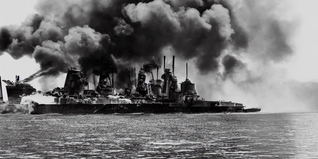 Prompt: steampunk battleship engulfed in flames and sinking with water crashing on deck, clouds of smoke, bird's eye view, cinematic full shot, high detail, 35mm film black and white photograph