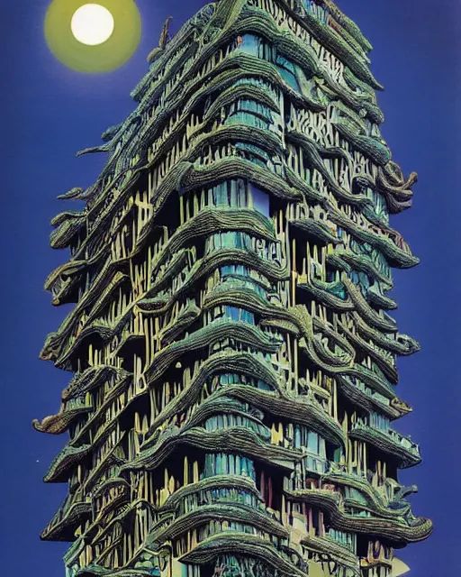 Prompt: a skyscraper designed by lisa frank, rene magritte, salvador dali, and h. r. giger