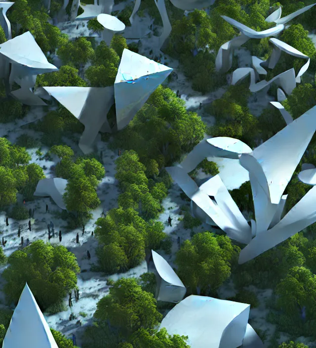 Image similar to hyperbolic megastructures and hyper cube architecture structures in rhythmic intervals aligned with trees and wildflowers, by glenn small, by albert bierstadt zaha hadid, photorealism, octane render, unreal engine, volumetric light, depth of field, volumetric clouds, god rays, lens flares, detailed, intricate, digital art, twin motion, megascan, high resolution, aerial view