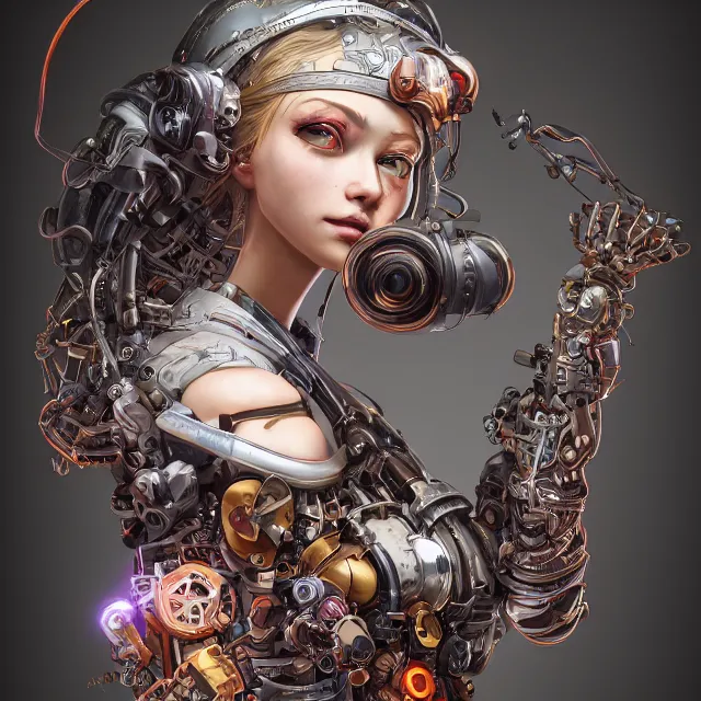 Prompt: the portrait of true neutral semi - colorful female cyborg mechanist as absurdly beautiful, gorgeous, elegant, young woman looking up, an ultrafine hyperdetailed illustration by kim jung gi, irakli nadar, intricate linework, bright colors, octopath traveler, final fantasy, unreal engine 5 highly rendered, global illumination, radiant light, detailed and intricate environment