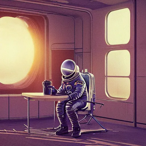 Image similar to a single cosmonaut in a spacesuit drinks a steaming cup of tea at wooden desk in a sci-fi space station. :: by beeple and James Gilleard and Justin Gerard :: the autumn light comes in through a window and dimly illuminates the room. intricate, elegant, highly detailed, trending on artstation, smooth, sharp focus, octane render!!!