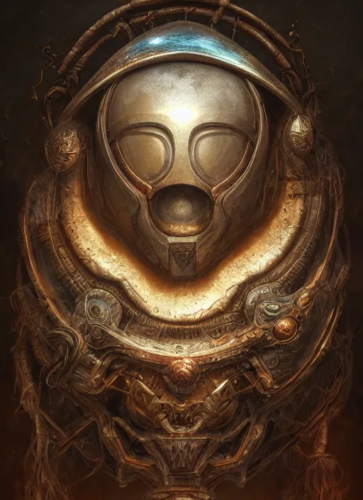 Image similar to Helmet of a forgotten Deity, ivory, copper elements, extremly detailed digital painting, in the style of Tomasz Alen Kopera, mystical colors, rim light, beautiful lighting, 8k, stunning scene, raytracing, octane, trending on artstation