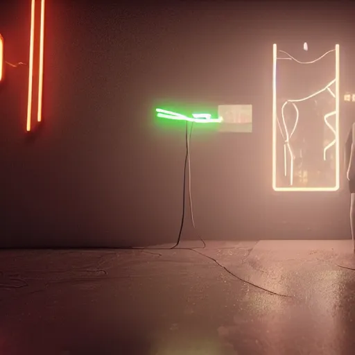 Image similar to a human made out of rain, neon, rendered in octane, unreal engine, realistic