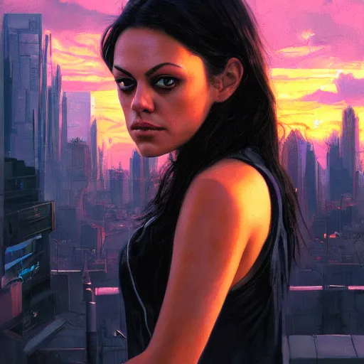 Image similar to portrait of a young mila kunis in front of a cyberpunk city, dramatic light, city background, sunset, high contrast, sharp, painted by stanley lau, painted by greg rutkowski, painted by stanley artgerm, digital art, trending on artstation