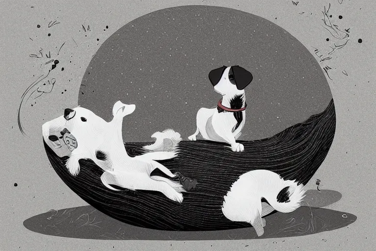 Image similar to cute black and white jack russel terrier laying on dog bed, large round eyes, concept art, fantasy illustration, by victo ngai and diego gisbert llorens