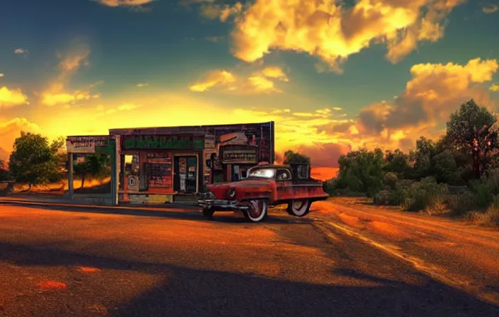 Image similar to A beautiful colorful evening scene of route66, old road with abandoned gas station and rusty old pickup truck, hyper realistic, blinding backlight evening sun, sparkling sun rays, epic scene, intense setting, evening vibe