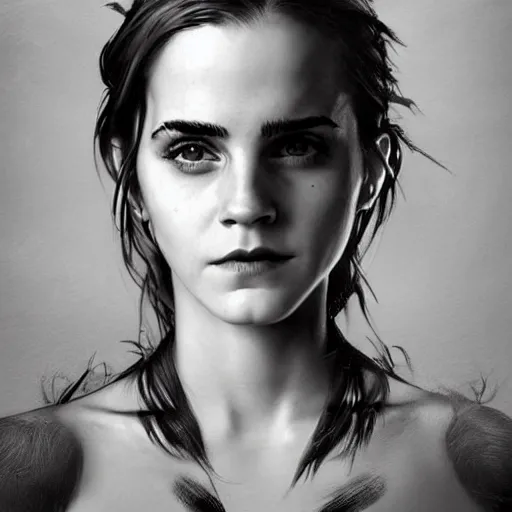 Image similar to Very funny Emma Watson looking like an old monkey, colorful painting on grey scale face, powerful , magic, thunders, dramatic lighting, intricate, wild, highly detailed, digital painting, artstation, concept art, smooth, sharp focus, illustration, art by artgerm and greg rutkowski and alphonse mucha, footage