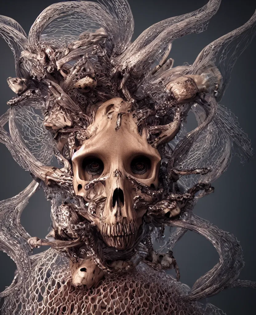 Image similar to close-up macro portrait of the face of a beautiful princess with animal skull mask, epic angle and pose, ribcage bones symmetrical artwork, 3d with depth of field, blurred background, cybernetic jellyfish female face skull phoenix bird, translucent, nautilus, energy flows of water and fire. a highly detailed epic cinematic concept art CG render. made in Maya, Blender and Photoshop, octane render, excellent composition, cinematic dystopian brutalist atmosphere, dynamic dramatic cinematic lighting, aesthetic, very inspirational, arthouse. y Greg Rutkowski, Ilya Kuvshinov, WLOP, Stanley Artgerm Lau, Ruan Jia and Fenghua Zhong