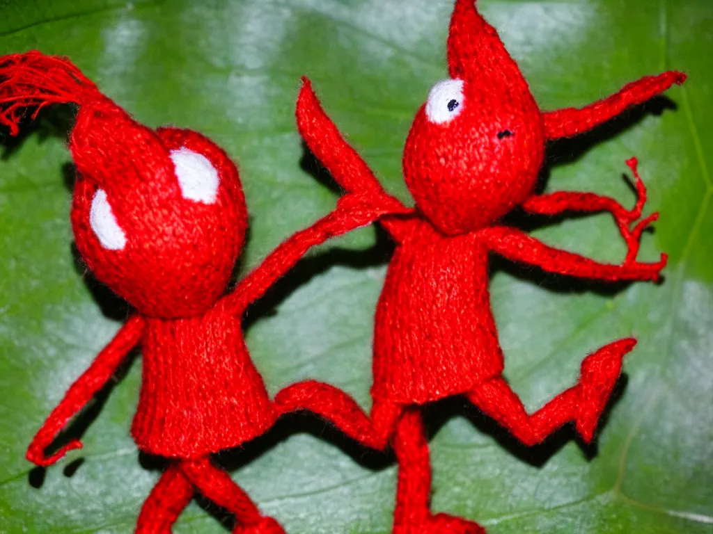 Image similar to a red yarny dancing on a leaf,