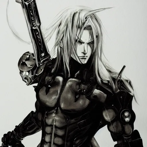 Image similar to a beautiful painting of sephiroth by yoji shinkawa, metal gear solid, strong lines, black and white, atmosphere and tension, japanese, trending on artstation