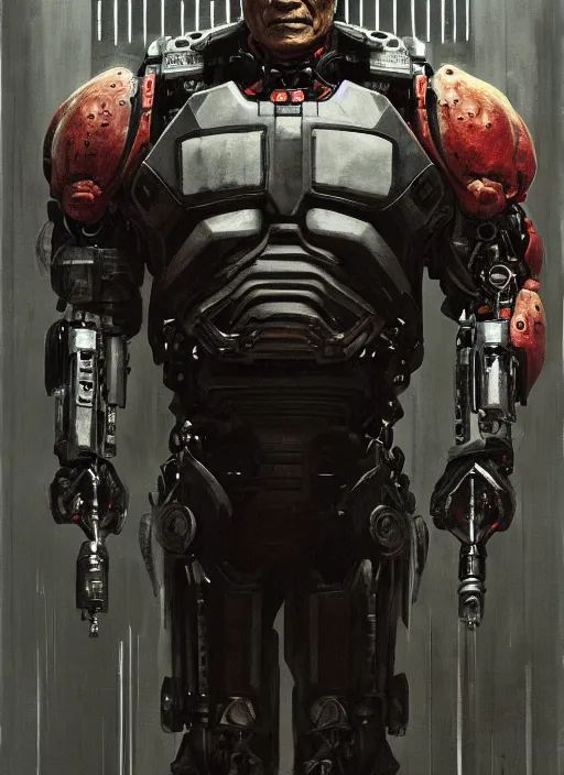 Image similar to cary - hiroyuki tagawa as victor stone, full body concept, cyborg, borg, strogg, face of a man, terminator, flesh, quake strogg, doom demon, wolfenstein, monstrous, powerful, symmetry, symmetrical, concept art by ruan jia and greg rutkowski