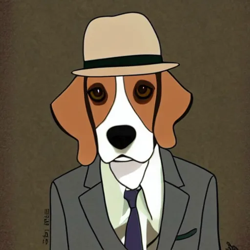 Image similar to a beagle wearing a business suit and fedora, studio ghibli