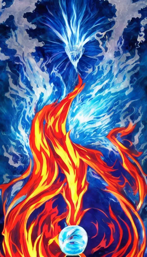 Image similar to a high quality anime still of fire and water mixing together, conveying a sense of balance inspired by the Temperance tarot card,