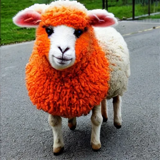 Prompt: cute little sheep wearing orange inmate clothes