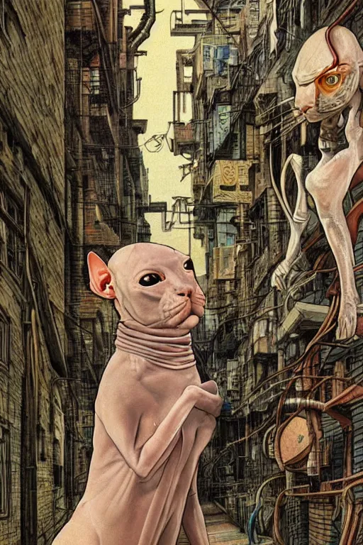 Prompt: a cyborg! sphynx cat!!, in a cyberpunk alleyway by sandro botticelli