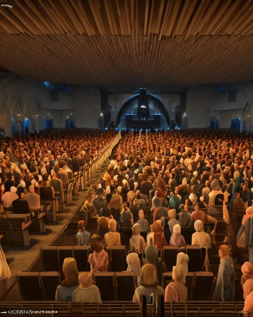 Image similar to unreal engine 5 render of a crowd in a futuristic church by craig mullins and ghibli, strong contrast, priest, pews, ethereal, inviting, bright, raking light, hyper realism, realistic shading, cinematic composition, blender render, octane render, hdr, detailed textures, photorealistic, wide shot