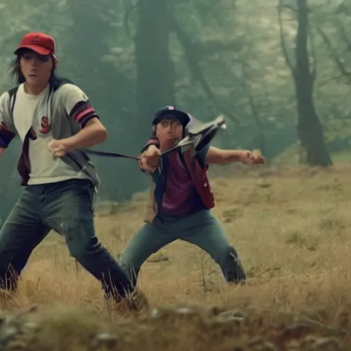 Prompt: live - action film still of a pokemon battle between ash ketchum and team rocket grunts