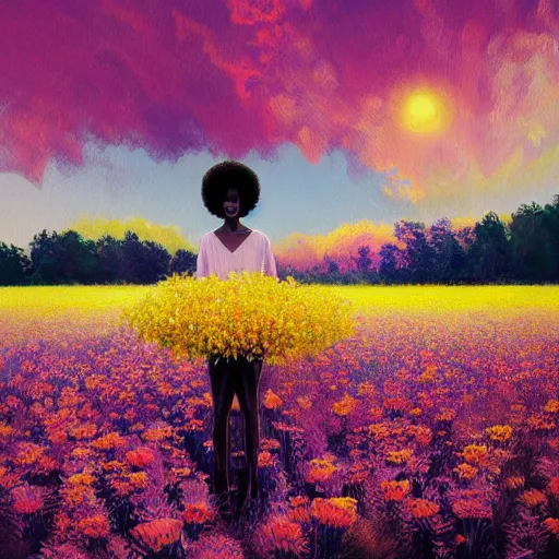 Image similar to afro made of flowers, full body, girl standing in the middle of a field with flowers, surreal photography, hills, big trees, sunrise dramatic light, impressionist painting, colorful clouds, digital painting, pointillism, artstation, simon stalenhag