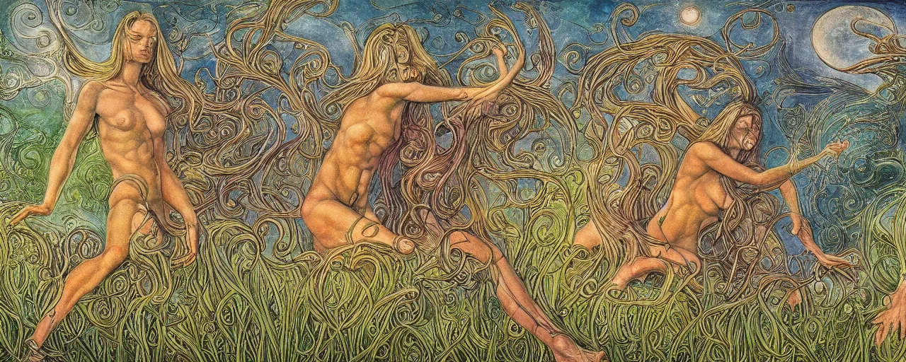 Prompt: most beautiful titanium sanguine riddle, maze of earthly grass pond in the style of william blake, terese nielsen, detailed, intricate, steve argyle, pastoral fantastic reality