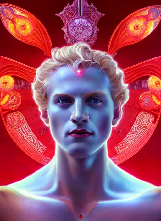 Image similar to the pale blond sun god apollo smirking, full body shot, sci fi, glowing eyes, volumetric lights, red and cyan theme, art nouveau botanicals, intricate, highly detailed, digital painting, artstation, concept art, smooth, sharp focus, cinematic, illustration, beautiful face, art by artgerm and greg rutkowski and alphonse mucha