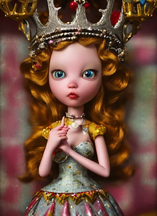 Image similar to highly detailed closeup, profile portrait of a tin toy fairytale princess wearing a crown, bikini, unreal engine, nicoletta ceccoli, mark ryden, earl norem, lostfish, global illumination, detailed and intricate environment