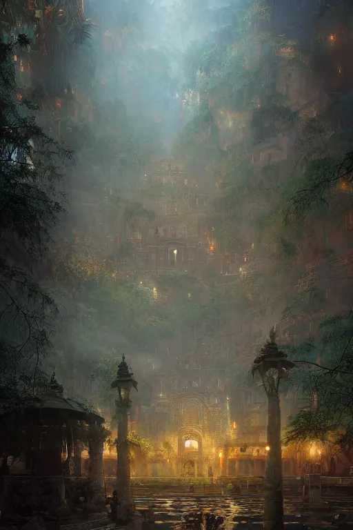 Image similar to old aztec city of gold in the middle of the forest, intricate, elegant, volumetric lighting, digital painting, highly detailed, artstation, sharp focus, illustration, concept art, ruan jia, steve mccurry