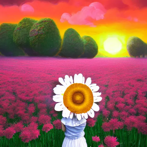 Image similar to giant daisy flower as head, girl sitting in a flower field, surreal photography, sunrise, dramatic light, impressionist painting, colorful clouds, digital painting, artstation, simon stalenhag