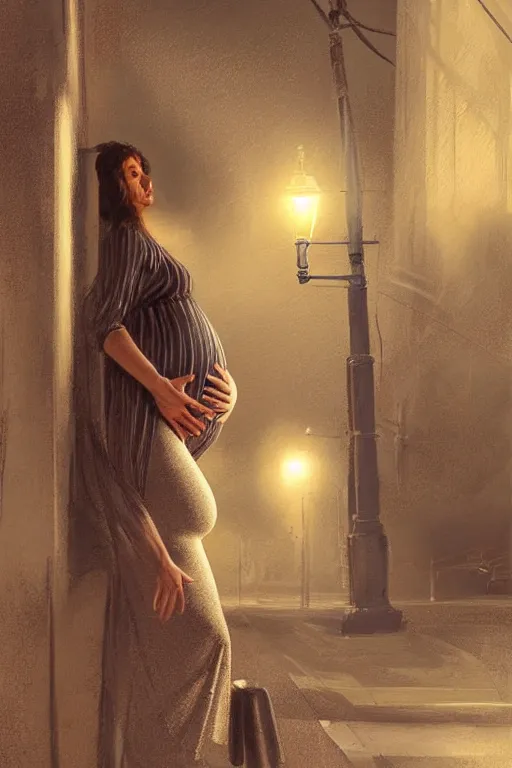 Image similar to pregnant woman under street light, highly detailed, sharp focused, ultra realistic digital concept art by Theodore Ralli