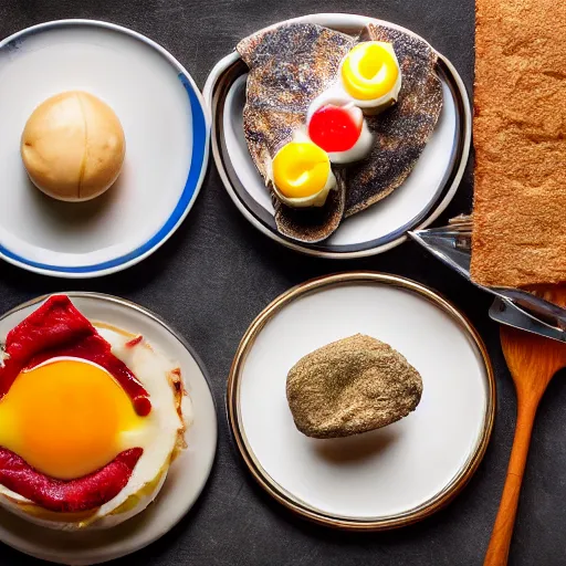 Prompt: a whimsical futuristic food made out of ingredients from english breakfast, in studio photography